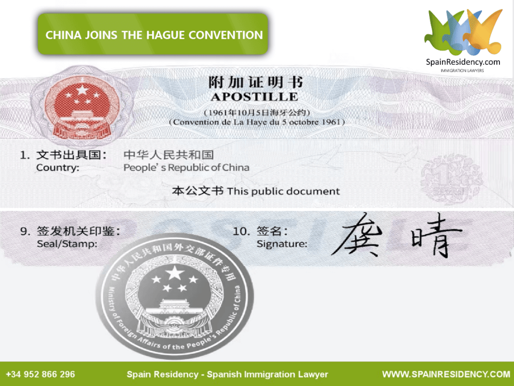 China joins the hague convention allowing official documents to be acredited for Spanish residency applications.